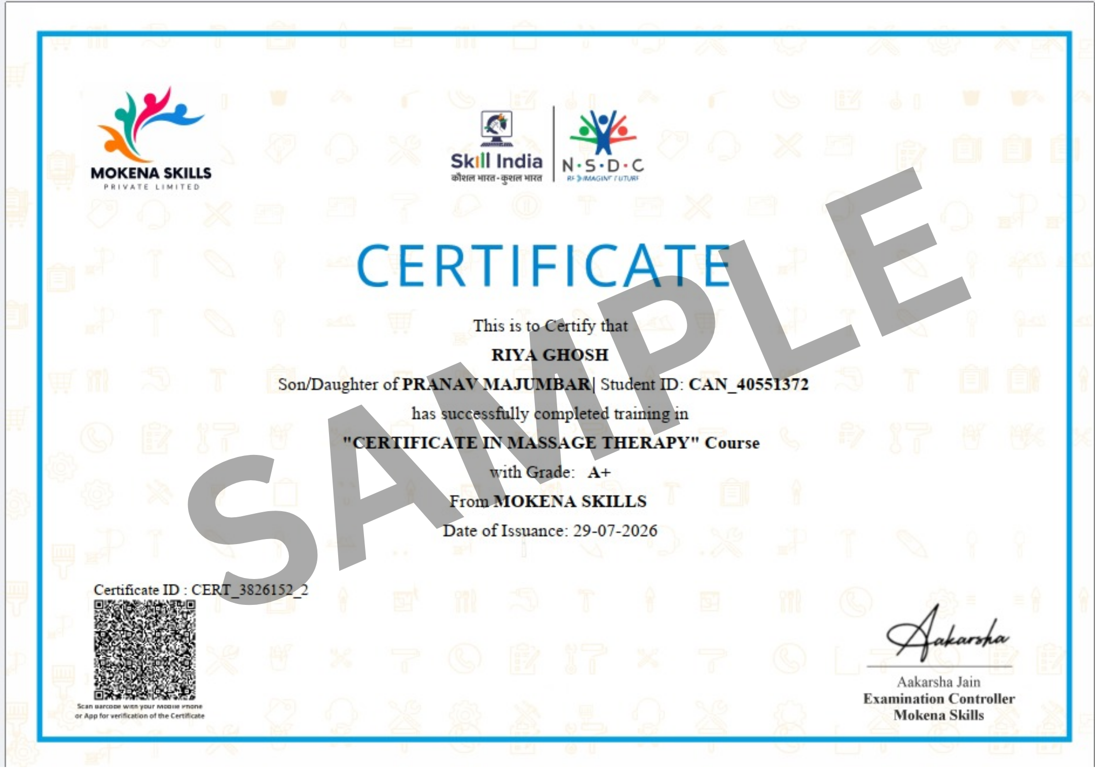 Official Mokena Skills & Skill India Student Sample Certificate